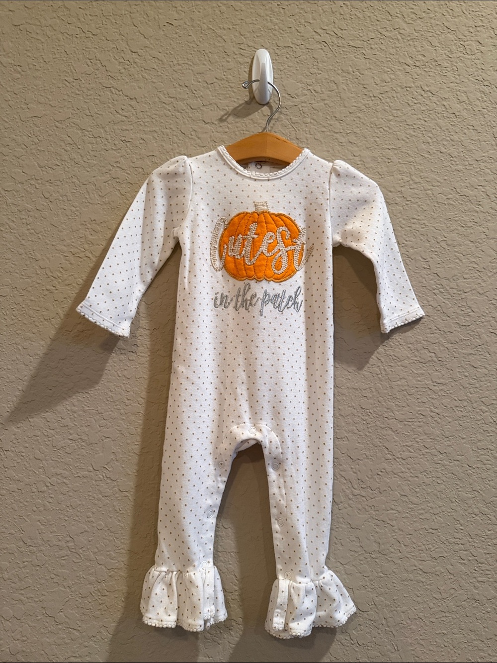 Mud Pie White Polka Dot Pumpkin Ruffle Footed One-Piece